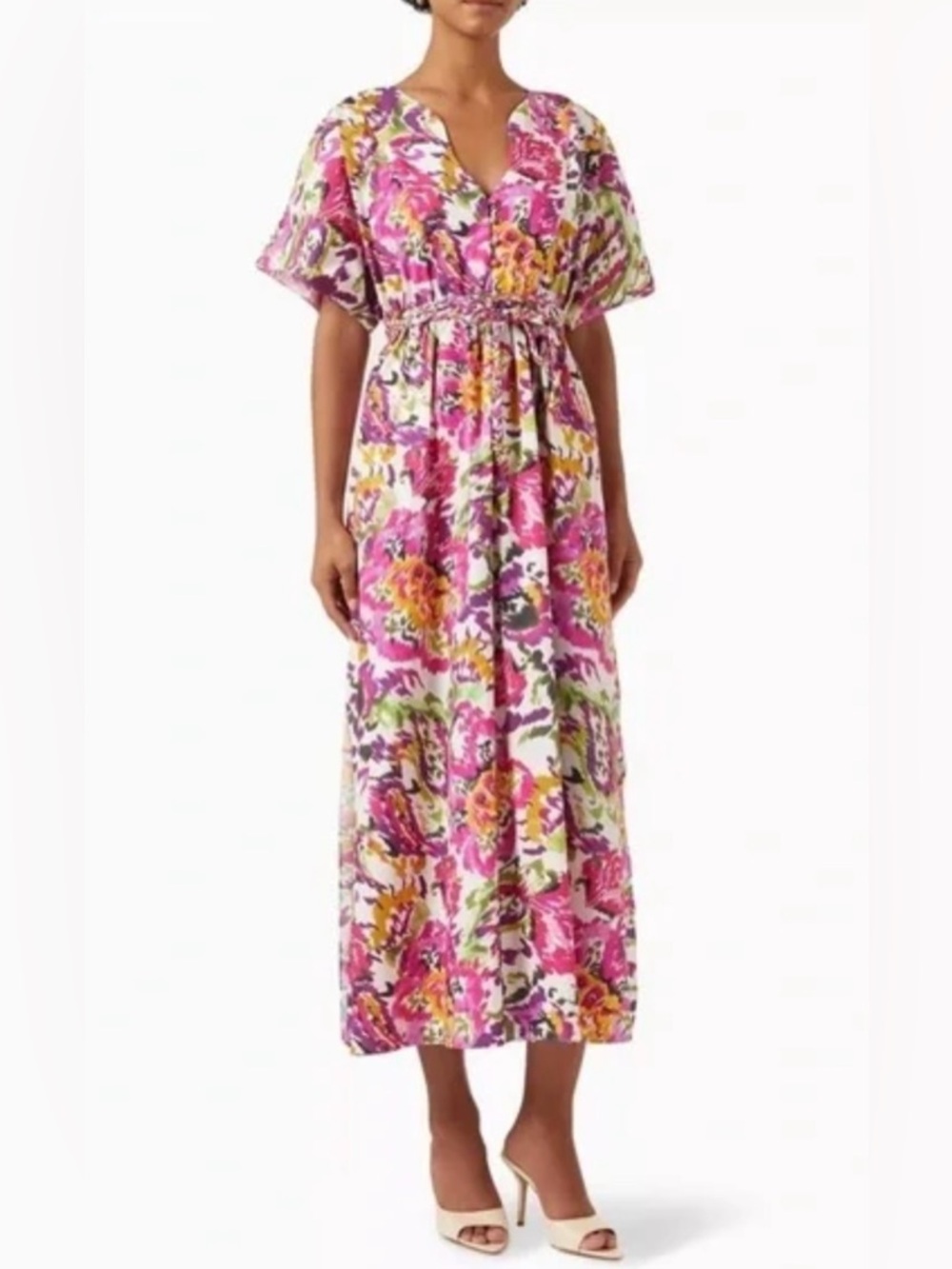 MISA Setareh Cotton Floral-Print Multi Bright Belted Midi‎ Shirtdress Xs